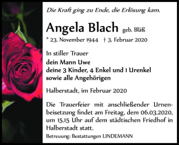 Traueranzeige von Angela Blach (geb. Bläß)  von Magdeburger Volksstimme