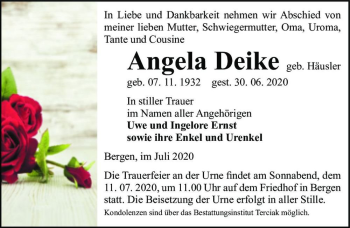 Traueranzeige von Angela Deike (geb. Häusler)  von Magdeburger Volksstimme