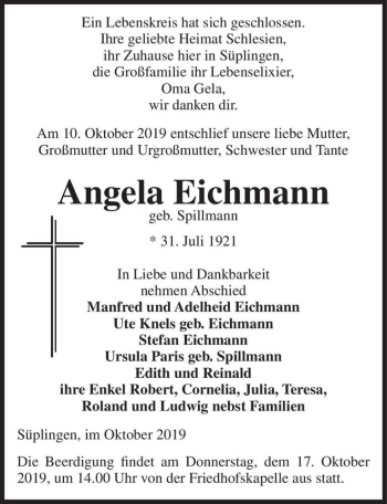 Traueranzeige von Angela Eichmann (geb. Spillmann)  von Magdeburger Volksstimme