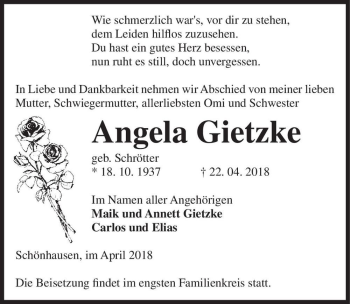 Traueranzeige von Angela Gietzke (geb. Schrötter)  von Magdeburger Volksstimme