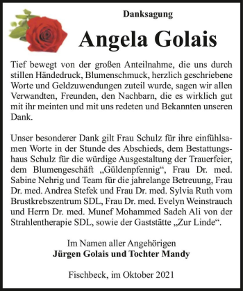 Traueranzeige von Angela Golais  von Magdeburger Volksstimme