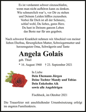 Traueranzeige von Angela Golais (geb. Thiel)  von Magdeburger Volksstimme
