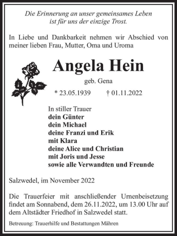 Traueranzeige von Angela Hein (geb. Gena)  von Magdeburger Volksstimme