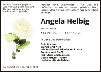 Traueranzeige von Angela Helbig (geb. Mumme)  von Magdeburger Volksstimme