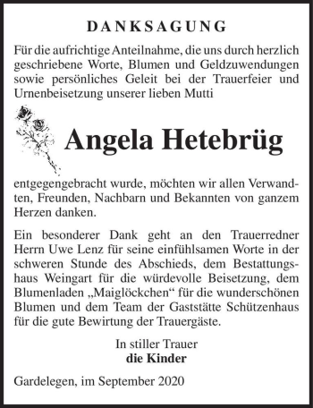 Traueranzeige von Angela Hetebrüg  von Magdeburger Volksstimme