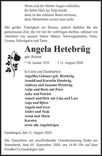Traueranzeige von Angela Hetebrüg (geb. Reimer)  von Magdeburger Volksstimme