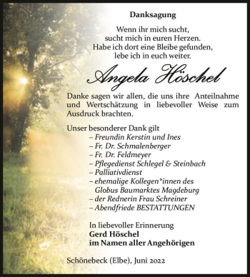Traueranzeige von Angela Höschel  von Magdeburger Volksstimme