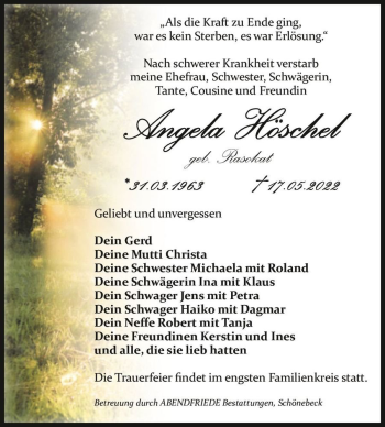 Traueranzeige von Angela Höschel (geb. Rasokat)  von Magdeburger Volksstimme