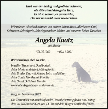 Traueranzeige von Angela Kaatz (geb. Borde)  von Magdeburger Volksstimme