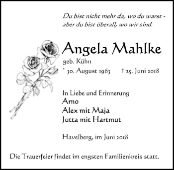 Traueranzeige von Angela Mahlke (geb. Kühn)  von Magdeburger Volksstimme