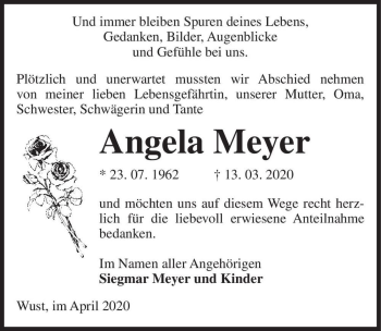 Traueranzeige von Angela Meyer  von Magdeburger Volksstimme