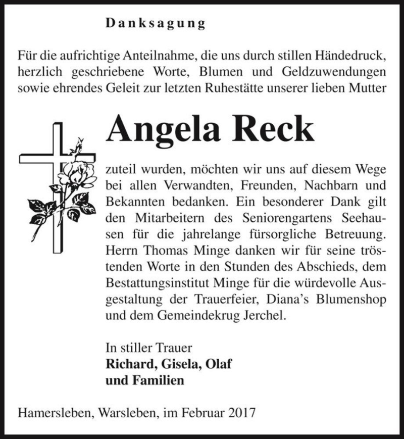  Traueranzeige für Angela Reck  vom 11.02.2017 aus Magdeburger Volksstimme