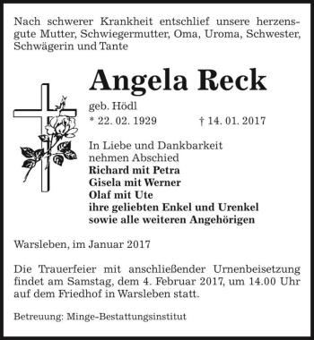 Traueranzeige von Angela Reck (geb. Hödl)  von Magdeburger Volksstimme