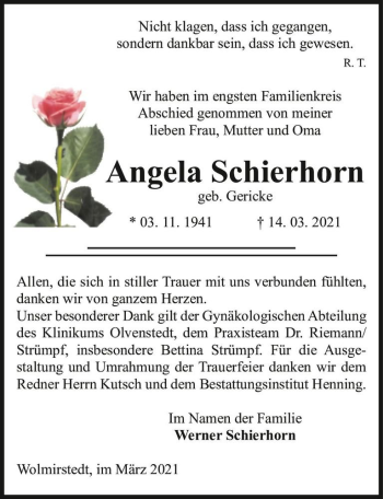 Traueranzeige von Angela Schierhorn (geb. Gericke)  von Magdeburger Volksstimme