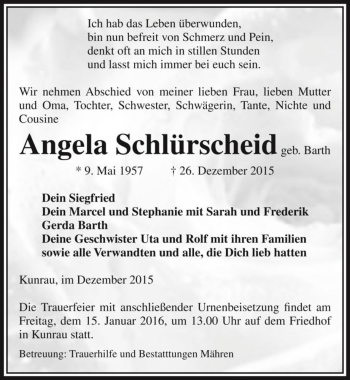 Traueranzeige von Angela Schlürscheid (geb. Barth)  von Magdeburger Volksstimme