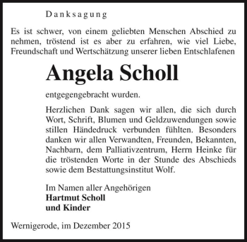 Traueranzeige von Angela Scholl  von Magdeburger Volksstimme