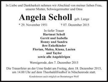 Traueranzeige von Angela Scholl (geb. Lange)  von Magdeburger Volksstimme