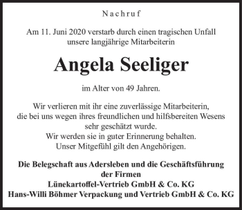 Traueranzeige von Angela Seeliger  von Magdeburger Volksstimme