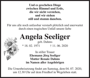 Traueranzeige von Angela Seeliger (geb. Dahms)  von Magdeburger Volksstimme