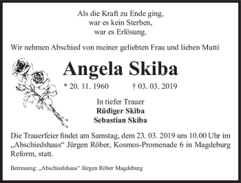 Traueranzeige von Angela Skiba  von Magdeburger Volksstimme