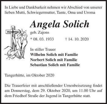 Traueranzeige von Angela Solich (geb. Zajons)  von Magdeburger Volksstimme