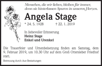 Traueranzeige von Angela Stage  von Magdeburger Volksstimme