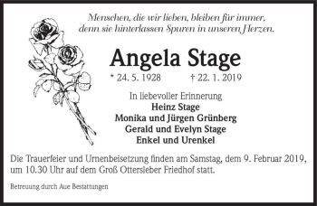 Traueranzeige von Angela Stage  von Magdeburger Volksstimme