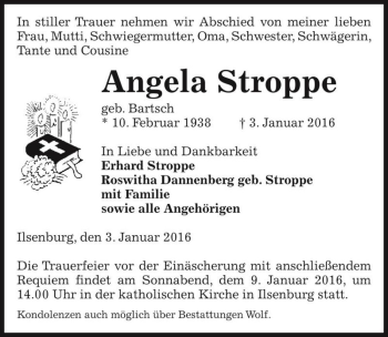 Traueranzeige von Angela Stroppe (geb. Bartsch)  von Magdeburger Volksstimme