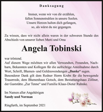 Traueranzeige von Angela Tobinski  von Magdeburger Volksstimme