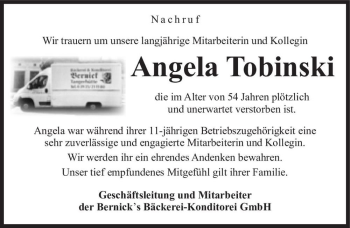 Traueranzeige von Angela Tobinski  von Magdeburger Volksstimme