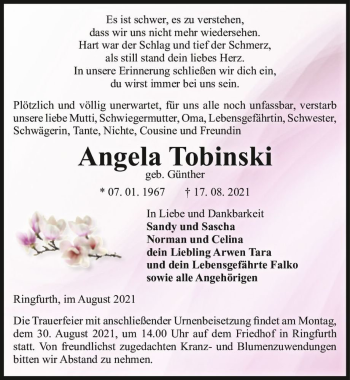 Traueranzeige von Angela Tobinski (geb. Günther)  von Magdeburger Volksstimme