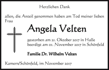 Traueranzeige von Angela Velten  von Magdeburger Volksstimme