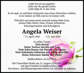 Traueranzeige von Angela Weiser  von Magdeburger Volksstimme