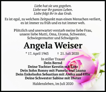 Traueranzeige von Angela Weiser  von Magdeburger Volksstimme