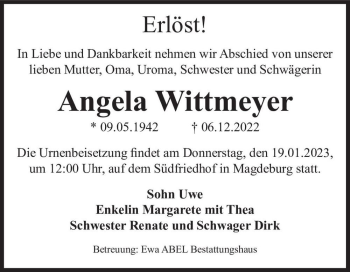 Traueranzeige von Angela Wittmeyer  von Magdeburger Volksstimme