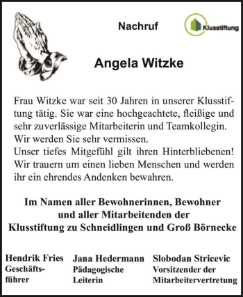 Traueranzeige von Angela Witzke  von Magdeburger Volksstimme