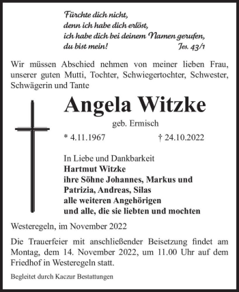Traueranzeige von Angela Witzke (geb. Ermisch)  von Magdeburger Volksstimme