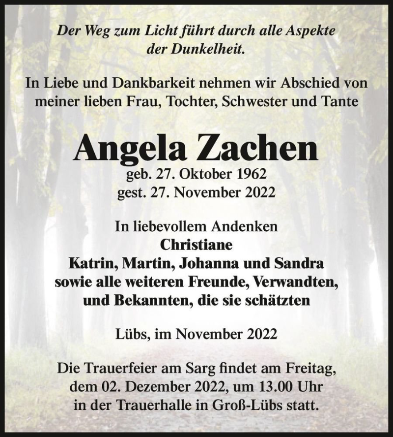  Traueranzeige für Angela Zachen  vom 30.11.2022 aus Magdeburger Volksstimme