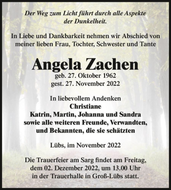 Traueranzeige von Angela Zachen  von Magdeburger Volksstimme
