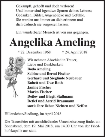 Traueranzeige von Angelika Ameling  von Magdeburger Volksstimme