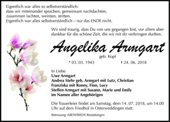 Traueranzeige von Angelika Armgart (geb. Kopf)  von Magdeburger Volksstimme