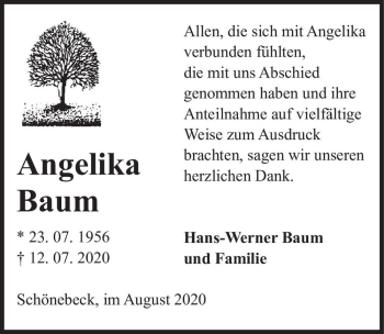 Traueranzeige von Angelika Baum  von Magdeburger Volksstimme