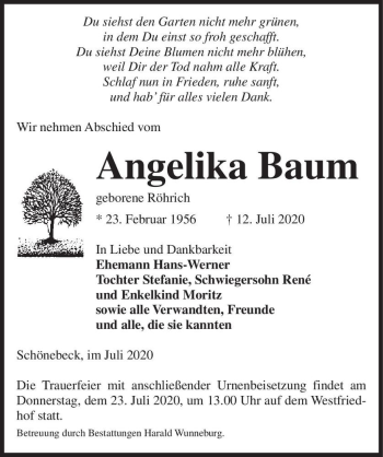Traueranzeige von Angelika Baum (geb. Röhrich)  von Magdeburger Volksstimme