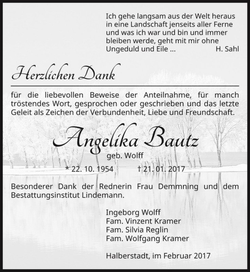  Traueranzeige für Angelika Bautz (geb. Wolff)  vom 25.02.2017 aus Magdeburger Volksstimme