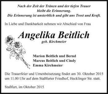 Traueranzeige von Angelika Beitlich (geb. Kirchmeier)  von Magdeburger Volksstimme