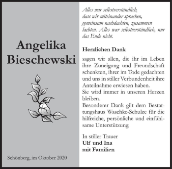 Traueranzeige von Angelika Bieschewski  von Magdeburger Volksstimme