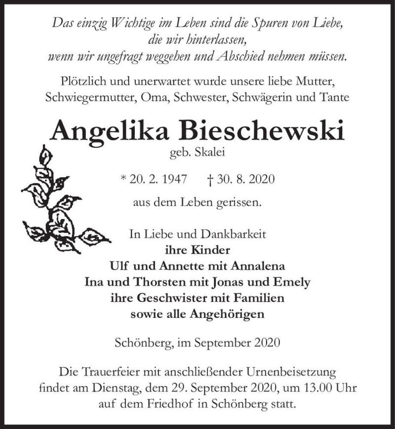  Traueranzeige für Angelika Bieschewski (geb. Skalei)  vom 18.09.2020 aus Magdeburger Volksstimme