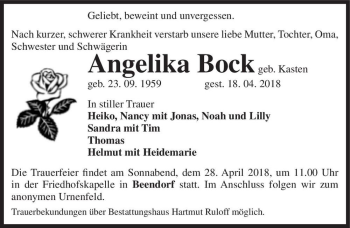 Traueranzeige von Angelika Bock (geb. Kasten)  von Magdeburger Volksstimme