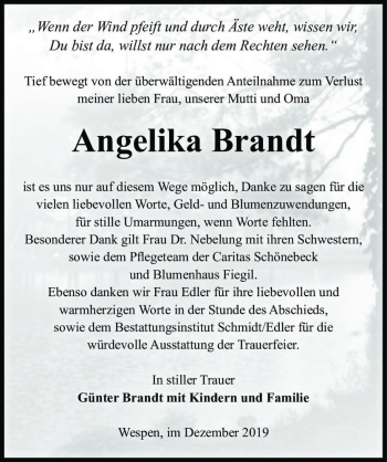 Traueranzeige von Angelika Brandt  von Magdeburger Volksstimme
