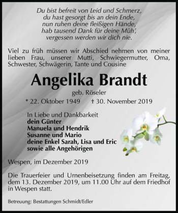 Traueranzeige von Angelika Brandt (geb. Röseler)  von Magdeburger Volksstimme